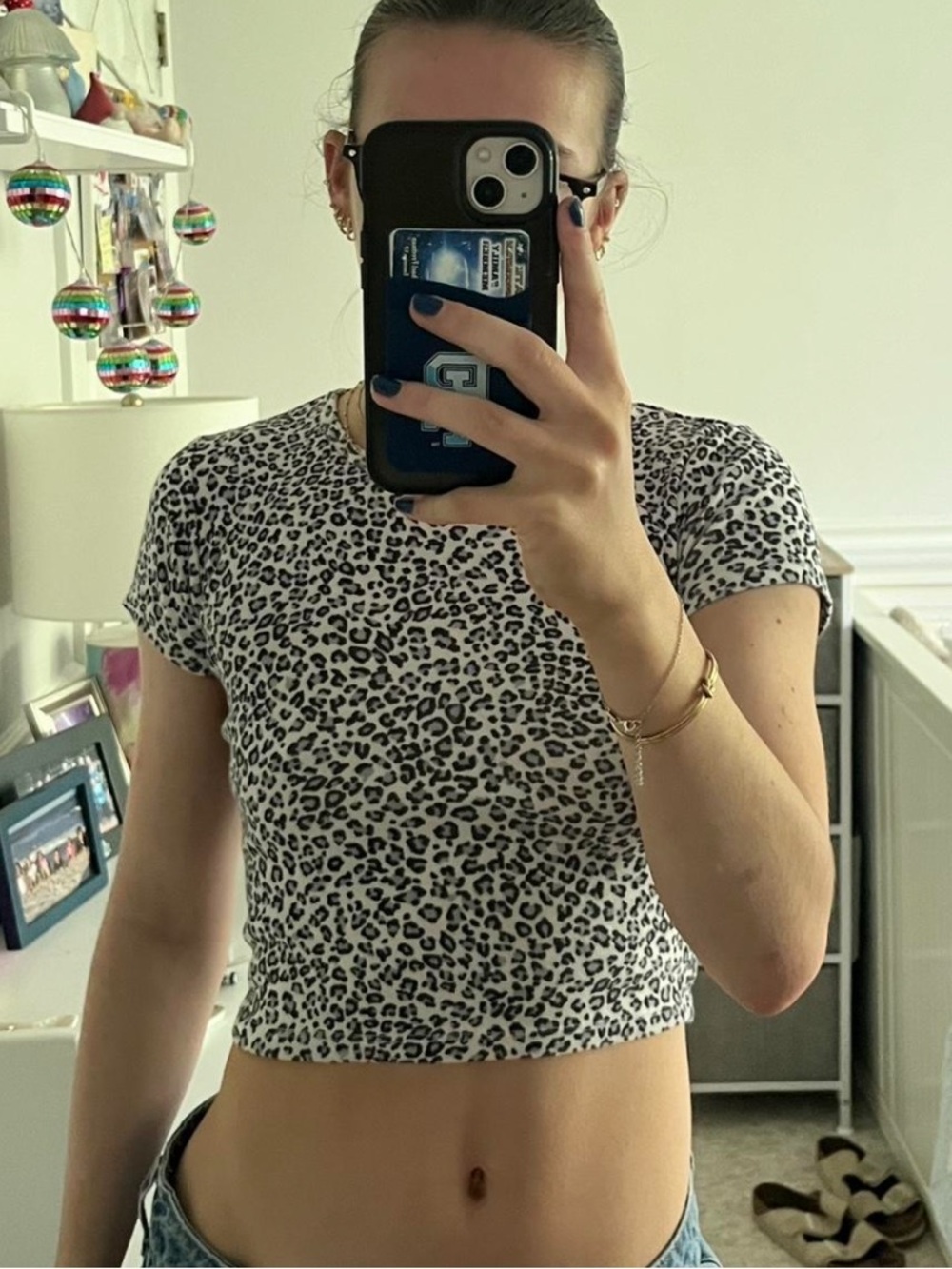 Brandy Melville Leopard Print Short Sleeve Crop Top - White/Blue/Black